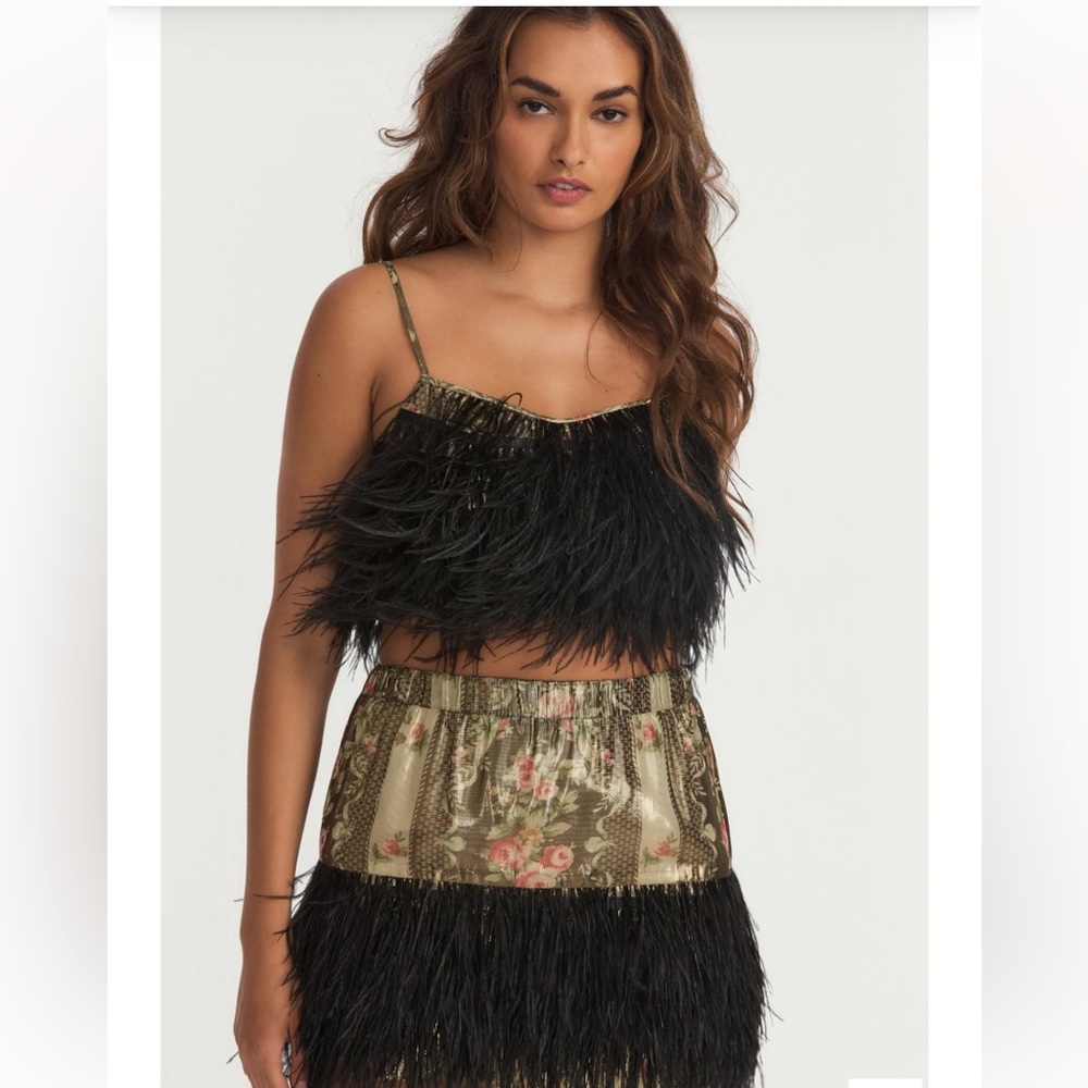 LOVESHACKFANCY Set Dusty Crop Cami Midnight Ruby & Risha Feather Trim Mini Skirt